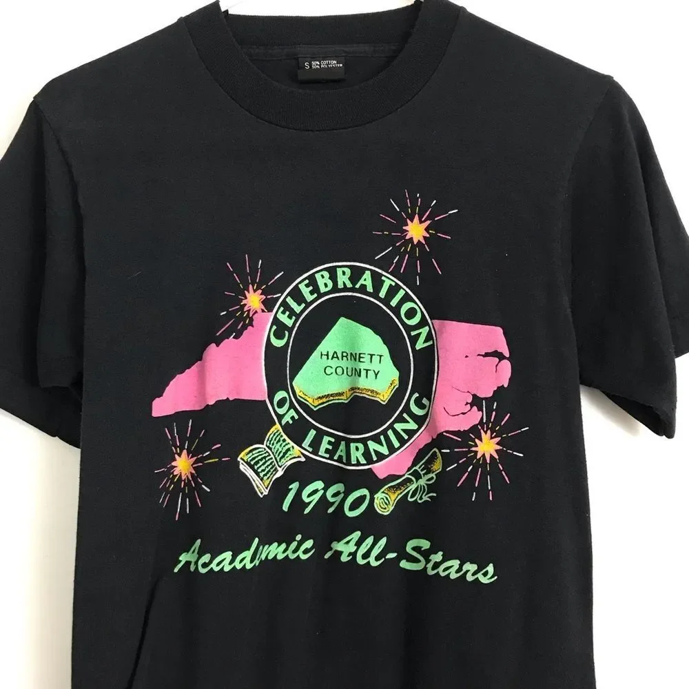 Vintage 90s Mens Sz S NC Academic Allstars Harnett County Tee Screen Stars 50/50